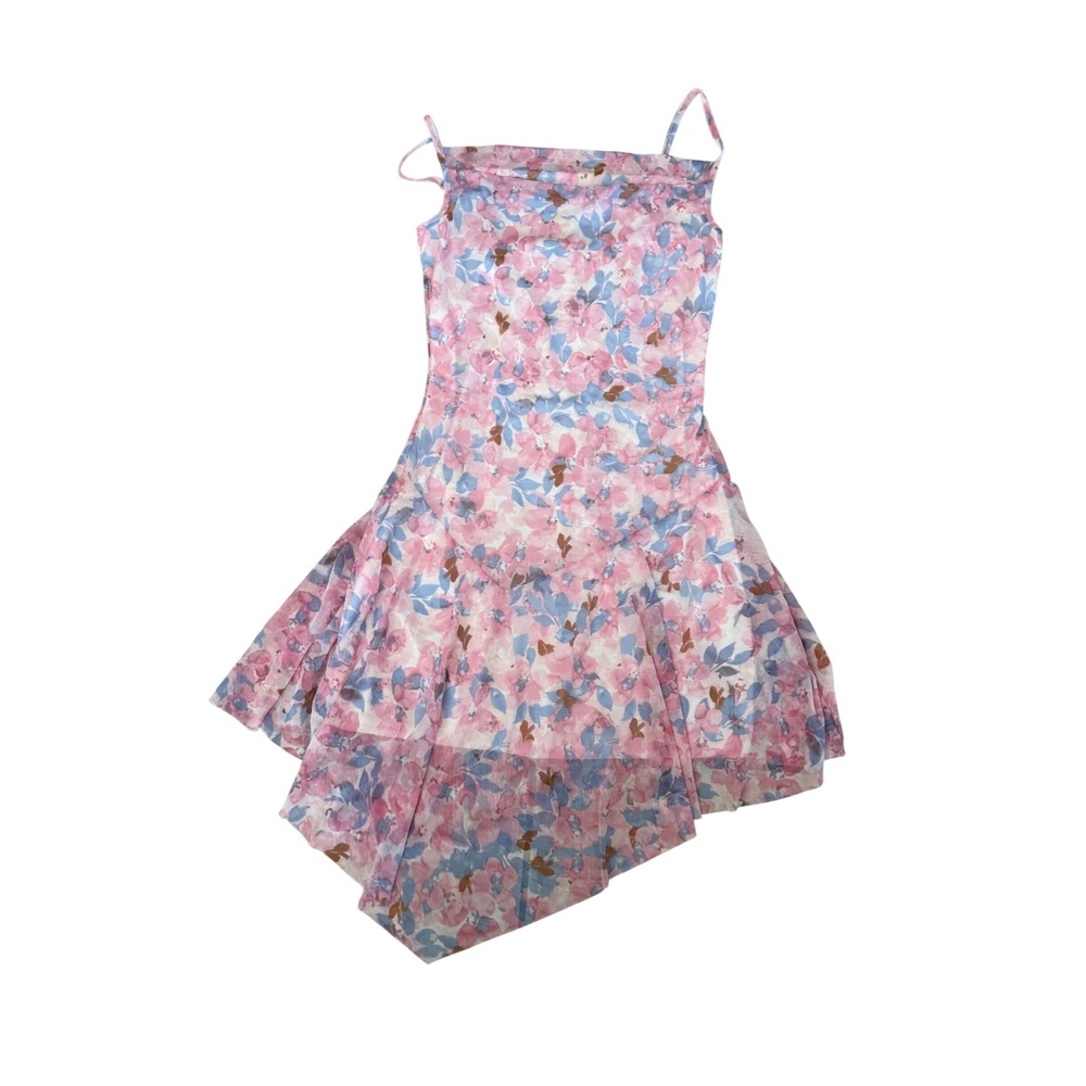Liberty Love Womens Pink Blue Floral Mesh Handkerchief Hem Cowl Neck Dress Med